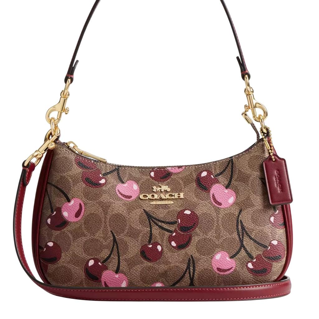 Coach Teri Shoulder Bag in Signature Canvas with Cherry Print Tan Brown CY694 NWT