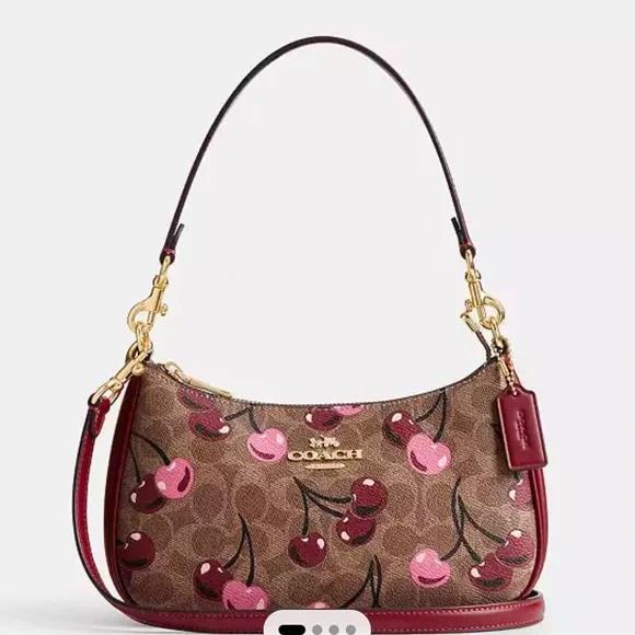Coach Teri Shoulder Bag in Signature Canvas with Cherry Print Tan Brown CY694 NWT